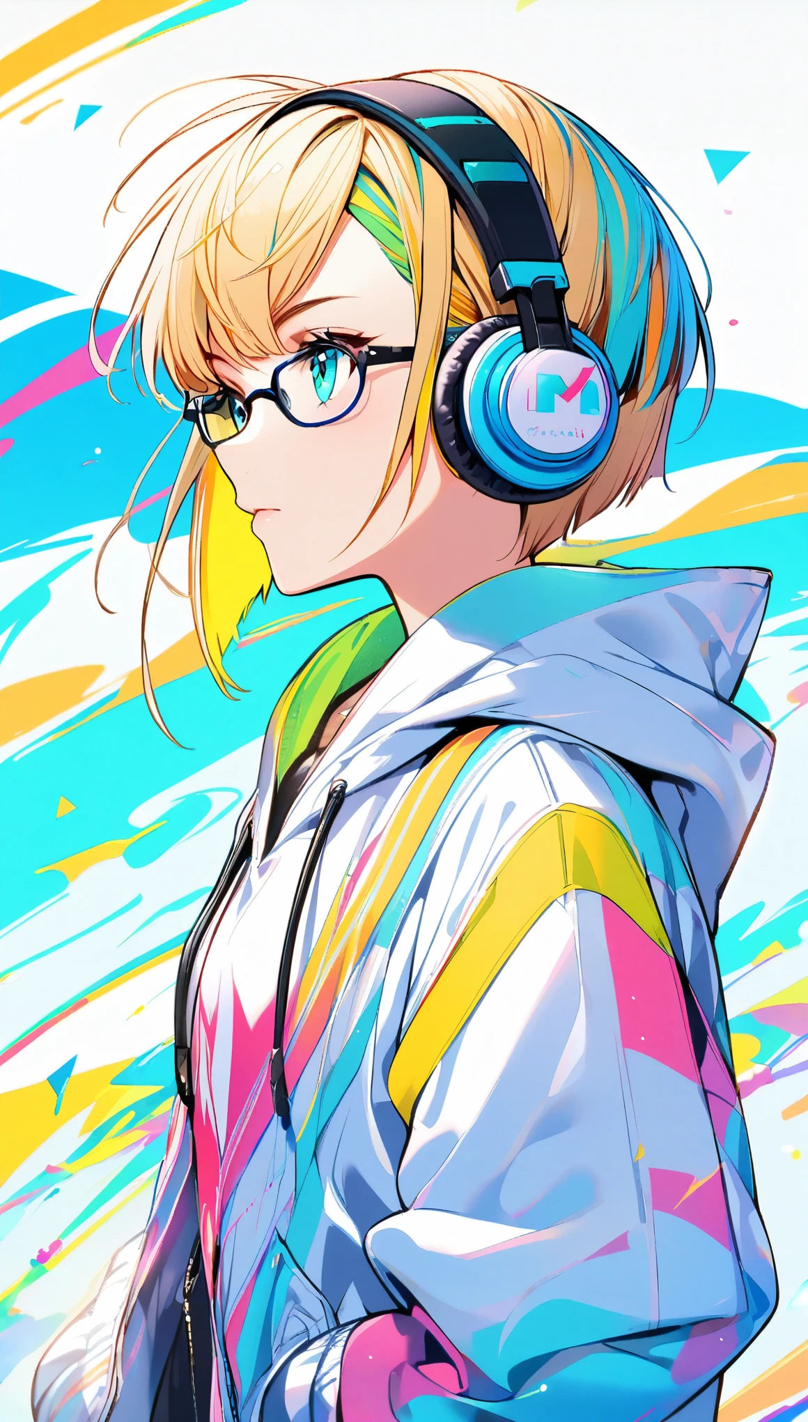 1girl, boyish, facial profile, wearing glasses, aqua eyes, blond hair, short hair, colorful inner hair, headphone, hoodie