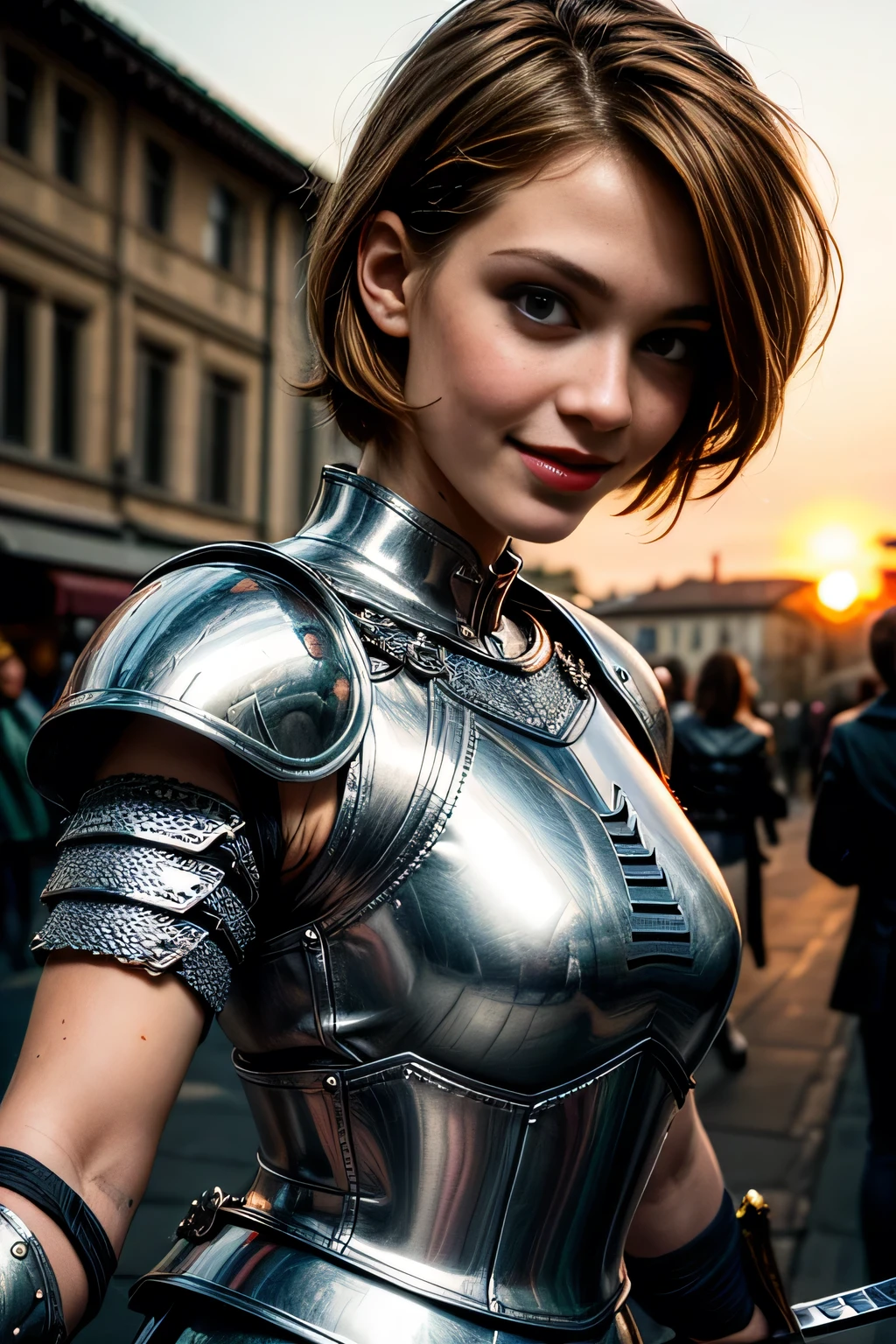 (masterpiece, photorealistic:1.4, extremely intricate:1.3, radiosity, photon mapping, dtx), ((20 year old athletic teenage supermodel, (smiling, happy, long eyelashes, makeup:1.0), (((renaissance armor:1.4, black chrome perfectchainmail))), red lips)), ((([skin detail:freckles:0.6], portrait, humid, glistening closeup))), outdoor, medieval crowded street, faraway horses, professional photograph, (((short bob [black hair:ginger hair:0.2])), wind), BREAK ((sunset, ((film grain))), bokeh), BREAK, ((([medium breasts:large breasts:0.8])))