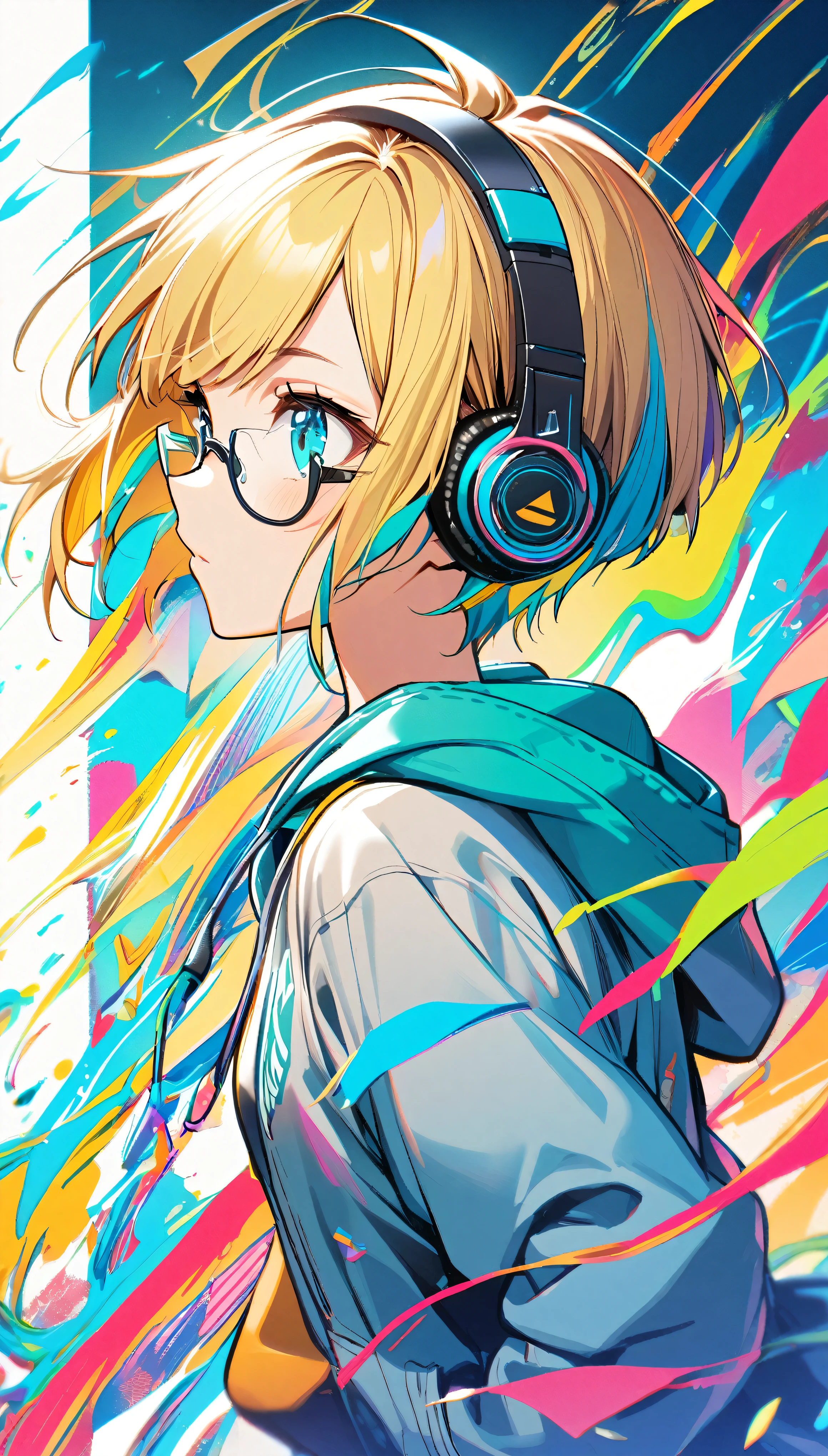 1girl, boyish, facial profile, wearing glasses, aqua eyes, blond hair, short hair, colorful inner hair, headphone, hoodie