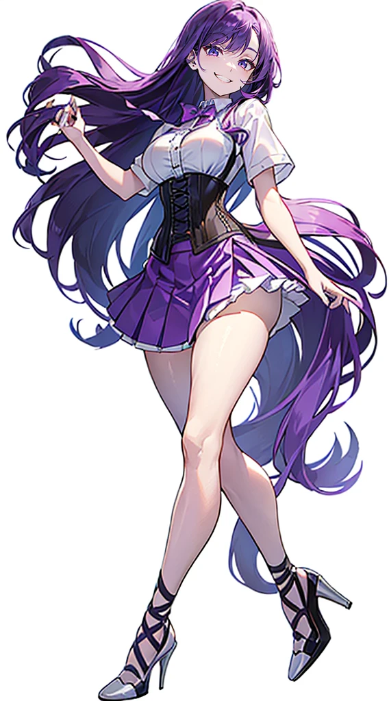 ((Perfect Face)),Purple Hair,long hair,1 female,bartender,(((White shirt with rolled up sleeves)),(corset),(((Tight Skirt))),,High heels,,((Simple White background)),((smile)),((full body))