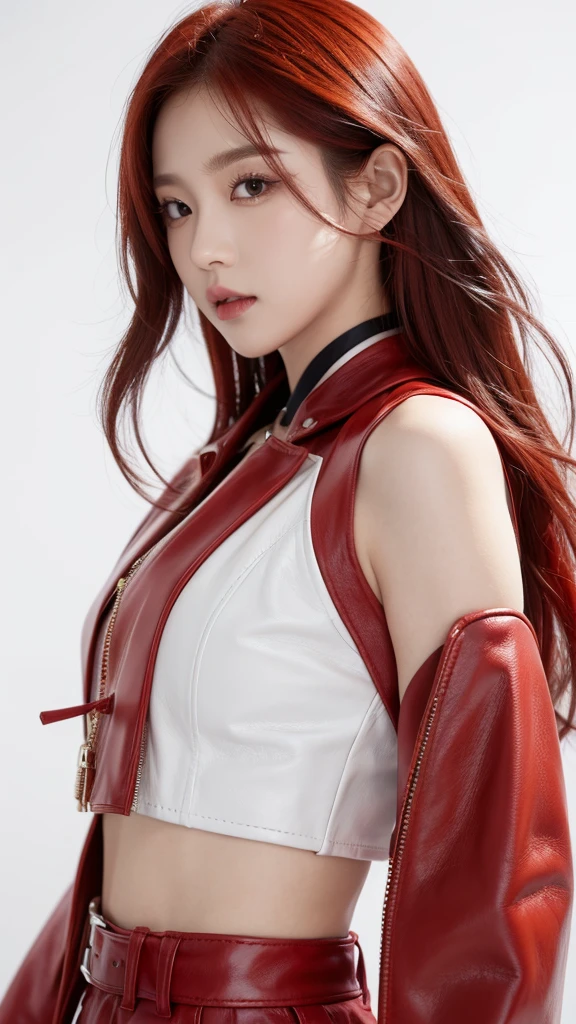 Kpop idol introduction picture. White background. Red hair, leather clothes