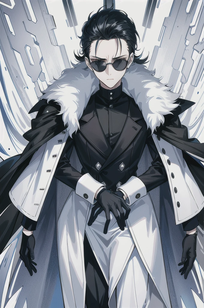 Physical description
This character is a slender man, displaying a futuristic and sophisticated look. He has black hair combed back, giving an elegant and determined look. He wears blue mirrored sunglasses, adding a touch of mystery and modernity to his appearance.
Her long, navy blue coat is adorned with geometric patterns and white details, reinforcing her avant-garde style. The white fur collar and silver shoulder pads add a touch of luxury and ruggedness to his outfit. Underneath his coat, he wears a black jumpsuit with metallic accents, giving him the look of a technological warrior. Its gloves and boots, also in black and white, are adorned with sophisticated and functional designs.