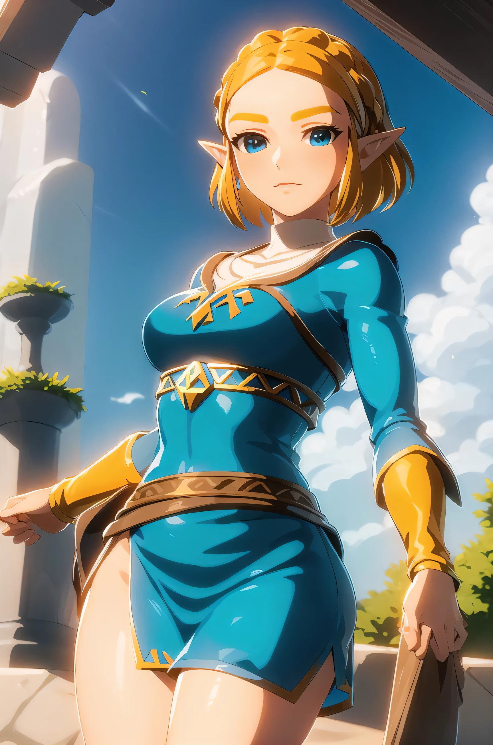 masterpiece,best quality,zelda\(princess\), 1girl, solo, large breasts,short_hair, cleavage, smile, (nude, naked, pussy, nipples),