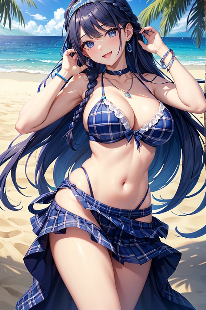 Highest quality、Highest quality、masterpiece、Beauty(Age 25)、Navy blue long hair(Braided sides)、blue eyes、Sexy plaid bikini、Big cleavage、(Big Breasts),smile、blue necklace、Blue Earrings、background(Beach)、Please open your mouth wide、head band、bracelet、Dynamic pose、Blue choker