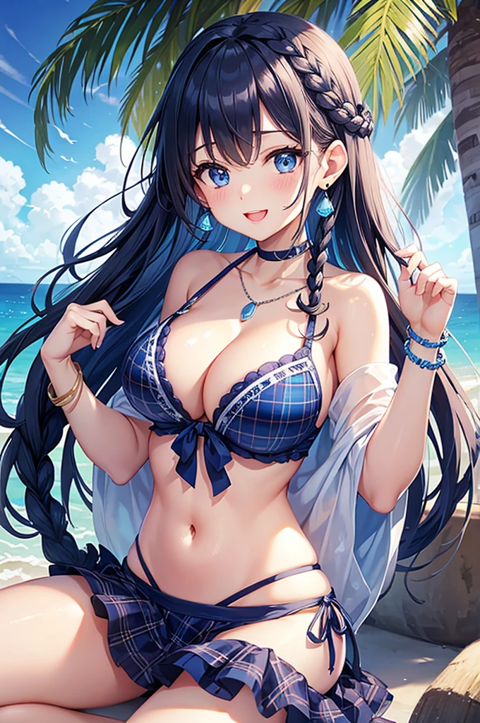 Highest quality、Highest quality、masterpiece、Beauty(Age 25)、Navy blue long hair(Braided sides)、blue eyes、Sexy plaid bikini、Big cleavage、(Big Breasts),smile、blue necklace、Blue Earrings、background(Beach)、Please open your mouth wide、head band、bracelet、Dynamic pose、Blue choker