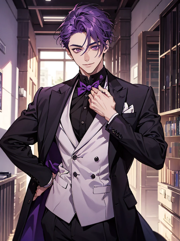 There is a young man with purple hair looking at the camera. He is handsome. He is wearing a dark suit. He has purple eyes. He has a beautiful smile.