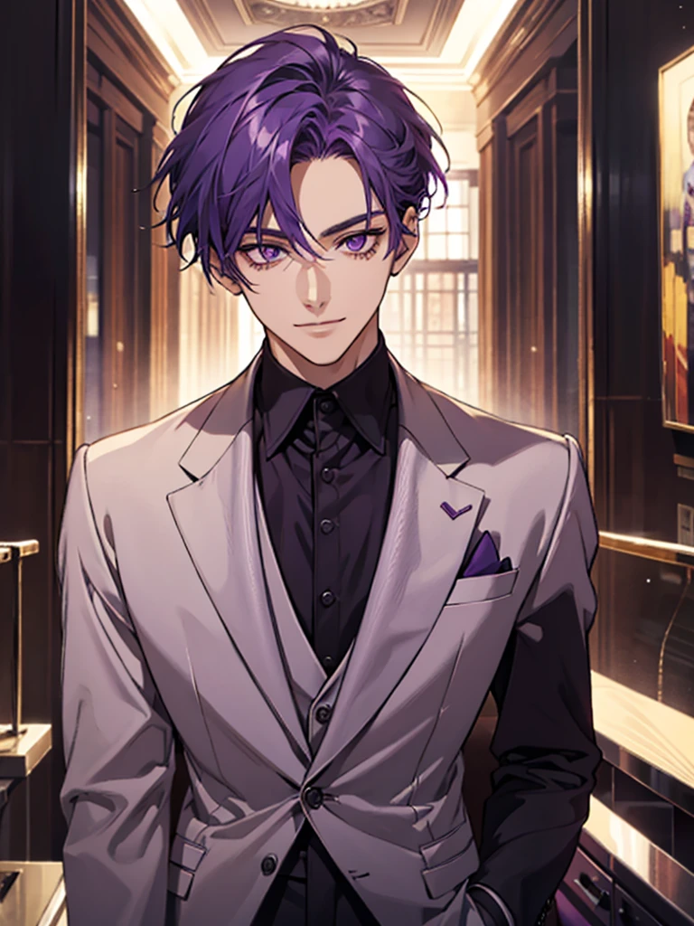 There is a young man with purple hair looking at the camera. He is handsome. He is wearing a dark suit. He has purple eyes. He has a beautiful smile.