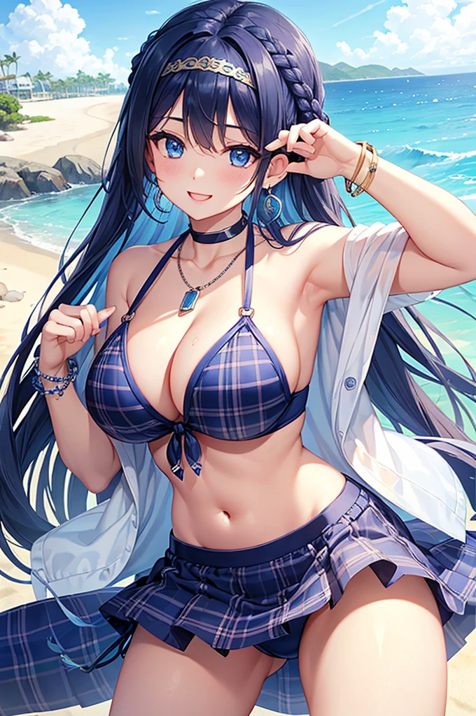Highest quality、Highest quality、masterpiece、Beauty(Age 25)、Navy blue long hair(Braided sides)、blue eyes、 plaid bikini、Big cleavage、(Big Breasts),smile、blue necklace、Blue Earrings、background(Beach)、Please open your mouth wide、head band、bracelet、Dynamic pose、Blue choker