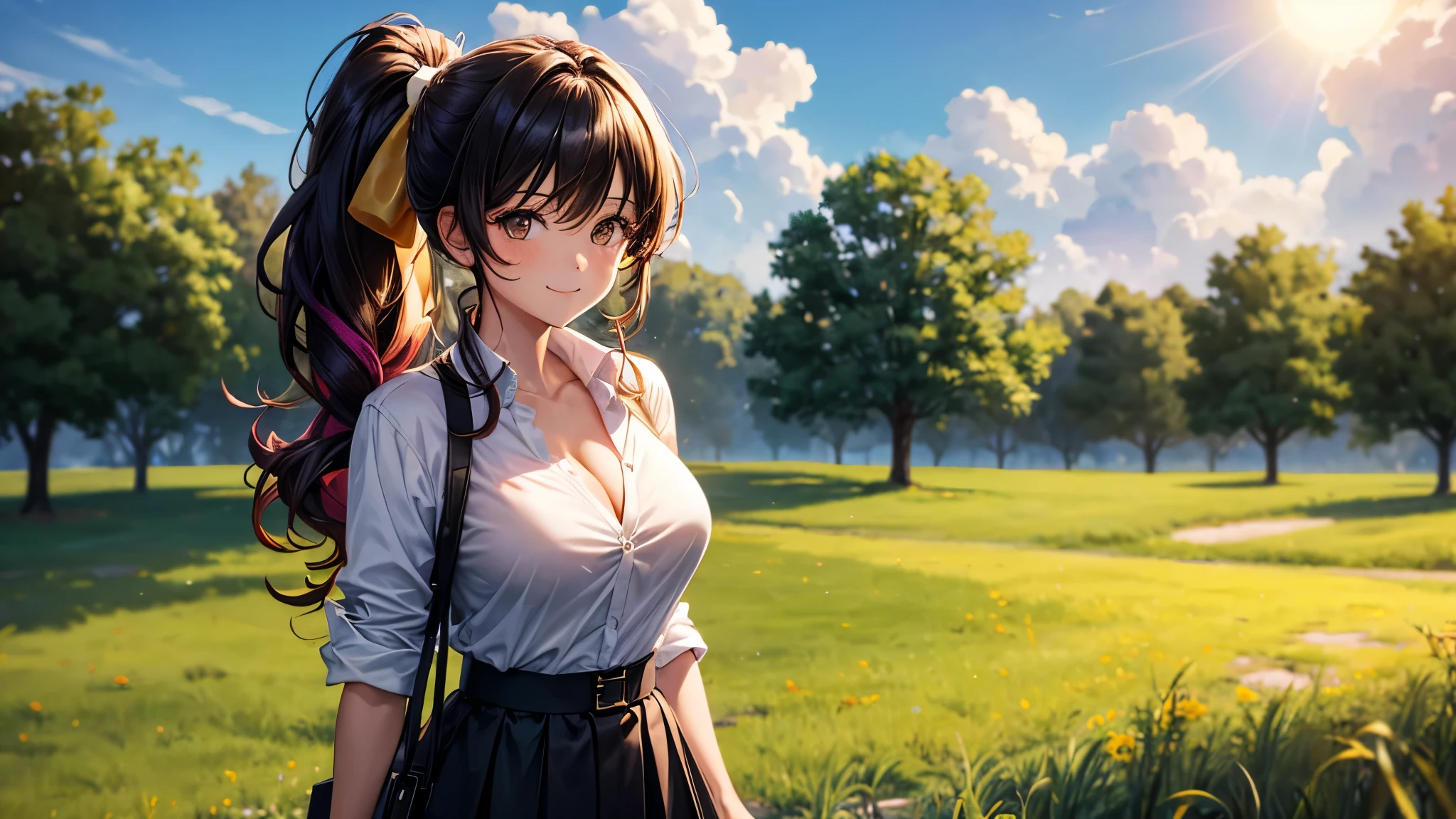 1girl, solo, summer, village, trees, sun, clouds, ((colorful hair)), curly hair, ponytail, big full breasts, ((black blazer)), button down shirt, ((white shirt)), ((short sleeved shirt)), ((unbuttoned shirt)), unbuttoning buttons, cleavage 1:3, brown eyes, skirt, smile, looking at the viewer, standing, hair ribbon, golden necklate