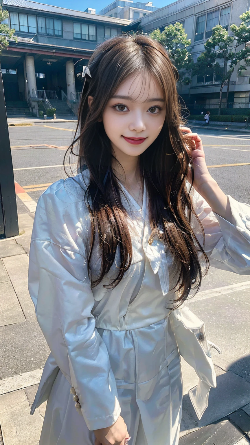 (Masterpiece, Top Quality, Best Quality, Official Art, Beauty and Aesthetics: 1.2), HDR, high contrast, wide shot(majestic:1.5), hyper realistic, highly detailed, uhd:1.3, RAW photo, ,Japanese ,Idol,1girl, grin, bow on head, pale skin, bikini, in front of school,beauty,idol, 18 years old