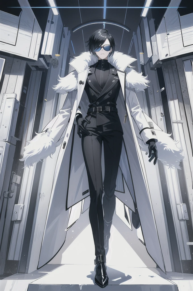 Physical description
This character is a slender man, displaying a futuristic and sophisticated look. He has black hair combed back, giving an elegant and determined look. He wears blue mirrored sunglasses, adding a touch of mystery and modernity to his appearance.
Her long, navy blue coat is adorned with geometric patterns and white details, reinforcing her avant-garde style. The white fur collar and silver shoulder pads add a touch of luxury and ruggedness to his outfit. Underneath his coat, he wears a black jumpsuit with metallic accents, giving him the look of a technological warrior. Its gloves and boots, also in black and white, are adorned with sophisticated and functional designs.