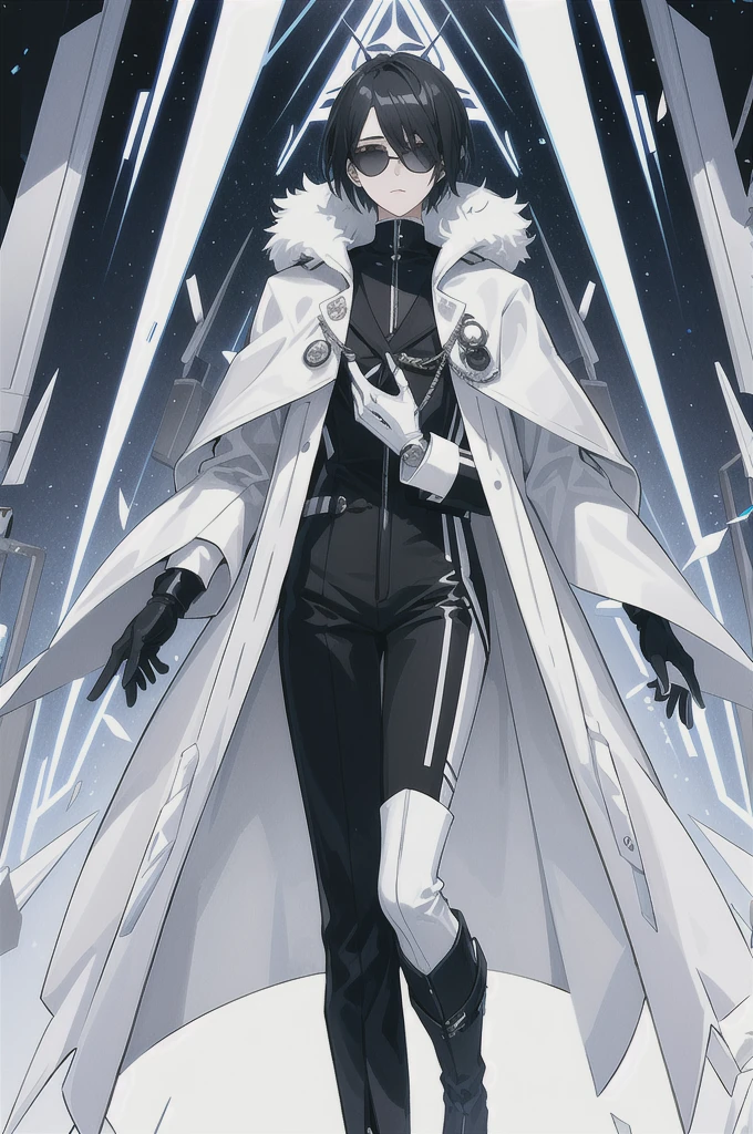 Physical description
This character is a slender man, displaying a futuristic and sophisticated look. He has black hair combed back, giving an elegant and determined look. He wears blue mirrored sunglasses, adding a touch of mystery and modernity to his appearance.
Her long, navy blue coat is adorned with geometric patterns and white details, reinforcing her avant-garde style. The white fur collar and silver shoulder pads add a touch of luxury and ruggedness to his outfit. Underneath his coat, he wears a black jumpsuit with metallic accents, giving him the look of a technological warrior. Its gloves and boots, also in black and white, are adorned with sophisticated and functional designs.