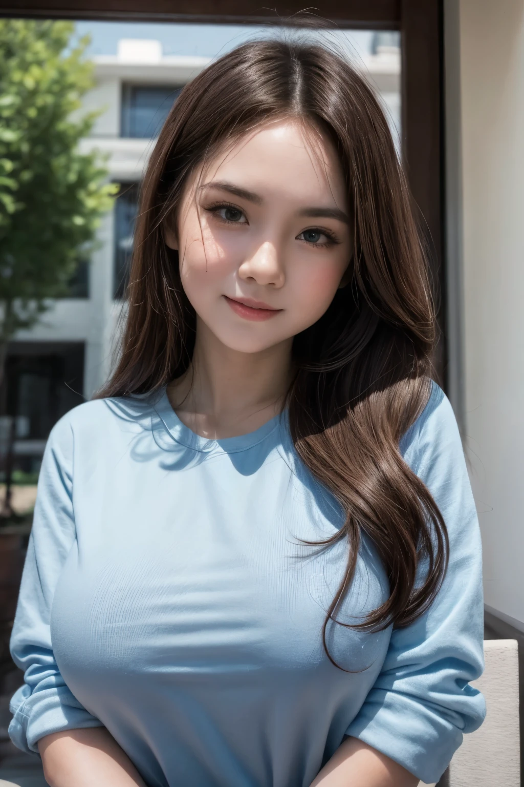 adorable, 1 girl, (face to face), , baby face, hf body portrait, (face details: 1), (eye details:1), ((big breasts)). wearing transparent transparency long shirt, .. Cute posed. proportional body. Ultra High Res. realistic: 1.4, UHD