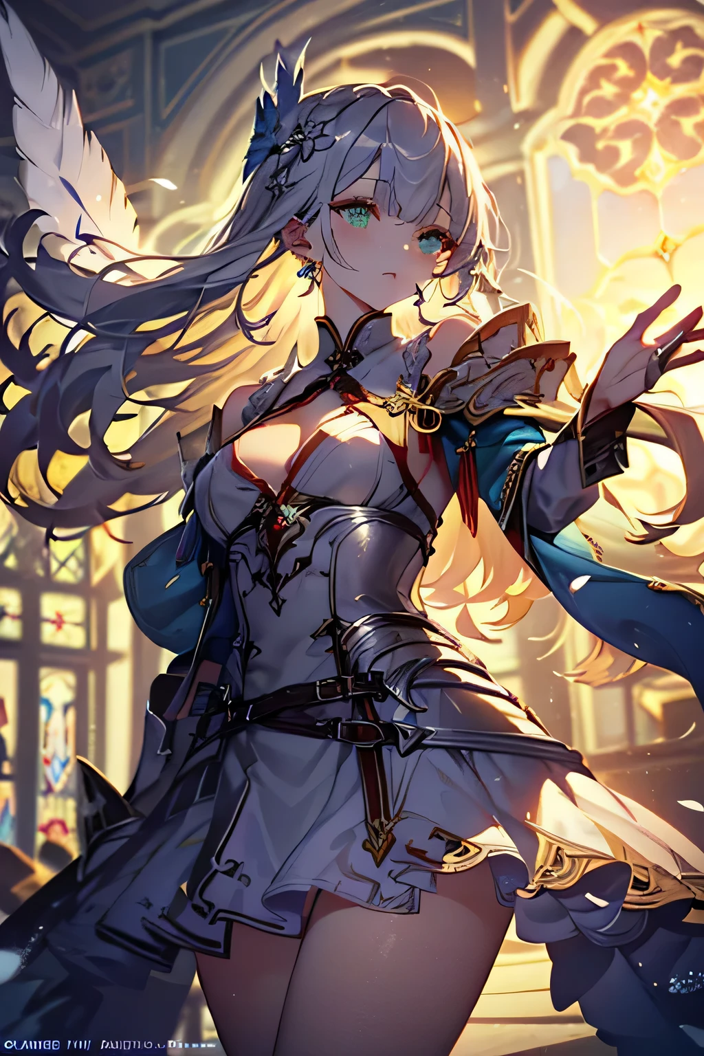(Highest quality、Unity 8k wallpaper、masterpiece、Ultra-detailed、Ultra-high resolution、Best illustrations、So ridiculous:1.2)、(Cinema Lighting:1.2)、Fire Glow Effect、Film Grain、Best Shadow、Rim Light、Side light、(Highly detailed and intricate 3D rendering)、Beautiful face and eyes in every detail、Sharp pupils、Realistic students、slender、1men and women、Medium Bust、(whole body:1.2)、 Beautiful Face、Beautiful 16 year old girl、(Highly detailed skin、Detailed skin texture:1.3)、(silver blonde、Blue-silver hair:1.3)、Paladin、Long Hair、Blunt bangs、Green Eyes、Braid、(Wedding dress、hair ornaments、Jeweled、Gold embroidery)、slender、mini skirt、(Thighs Thighs Thighs Thighs:0.8)、(cheese、in house、Artistic stained glass、Large Pipe Organ、Hello Point、Mysterious、Many feathers floating、Angelic、Angelic wings on the back、Particles of light、Solemn、Nikko is、colorful、Fantastic:1.2)、(Fantastic:1.3)、(With the holy sword in hand:1.0)、Fantastic、Laughing with your mouth open