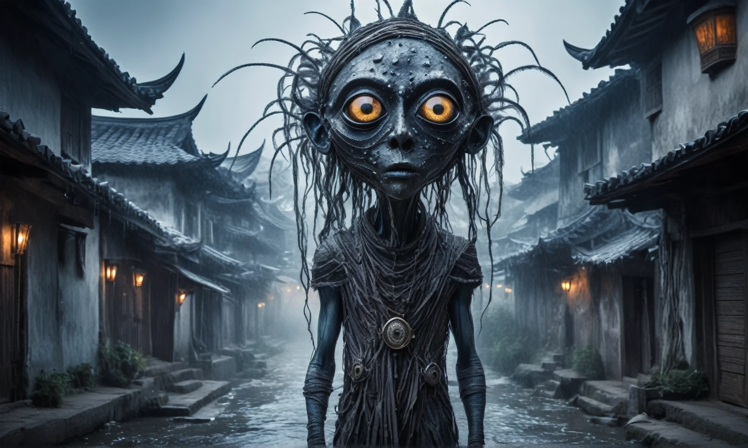 full body length shot,beggar niobium graphite  of Alien Entity,native africa sparas ,medieval azctec city,Cinematic,soft colors, Technicolor,natural skin textures, hyper realism, hyper detailed,Extremely detailed,High contrast,Masterpiece,Realistic,Ultra Detailed, intricate details,realistic humid leather,extremely intricate,Epic Realistic, cinematic style, irina yermolova,high contrast,hdr,extremely detailed, [deep night landscape],masterpiece, intricate details, eyes extremely detailed, high detailed eyes,8k resolution,retina, Nikon Z9,Korea,orc,Li River in Guangxi Zhuang of Italia, Pisces, transition between two art styles, Double contact, X-ray, Creative, vivid light, fantasy, Abstract, Surrealism, super detailed, high resolution, trap against fairies between houses in air,insanity wear,Her skin is pale, almost translucent. His eyes shine with a bluish glow, he wears dark,, symbols of mourning and gothic elements, further emphasizing its dark air. is portrayed as a haunted and tormented entity,Mestichino,Light particles,chaos,jellyfish's leather
