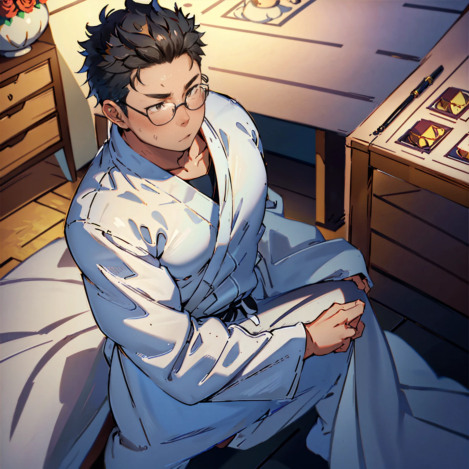 1boy in, mature male, male-centric, (Solo), (clean, detailed eye definition), (manly, detailed face), perfect male body, Japanese yukata, (neat figure), (stocky with roses), muscles, (35yrs), short hair, dark hair, two side up, very large eyes, glasses (Top Quality), (Top Quality), (Ultra-Detailed), (Masterpiece), (High Resolution), (Original), (Ultra-Detailed CG Unity 8K Wallpaper), Character Design, Game CG, Detail Cartoon Illustration