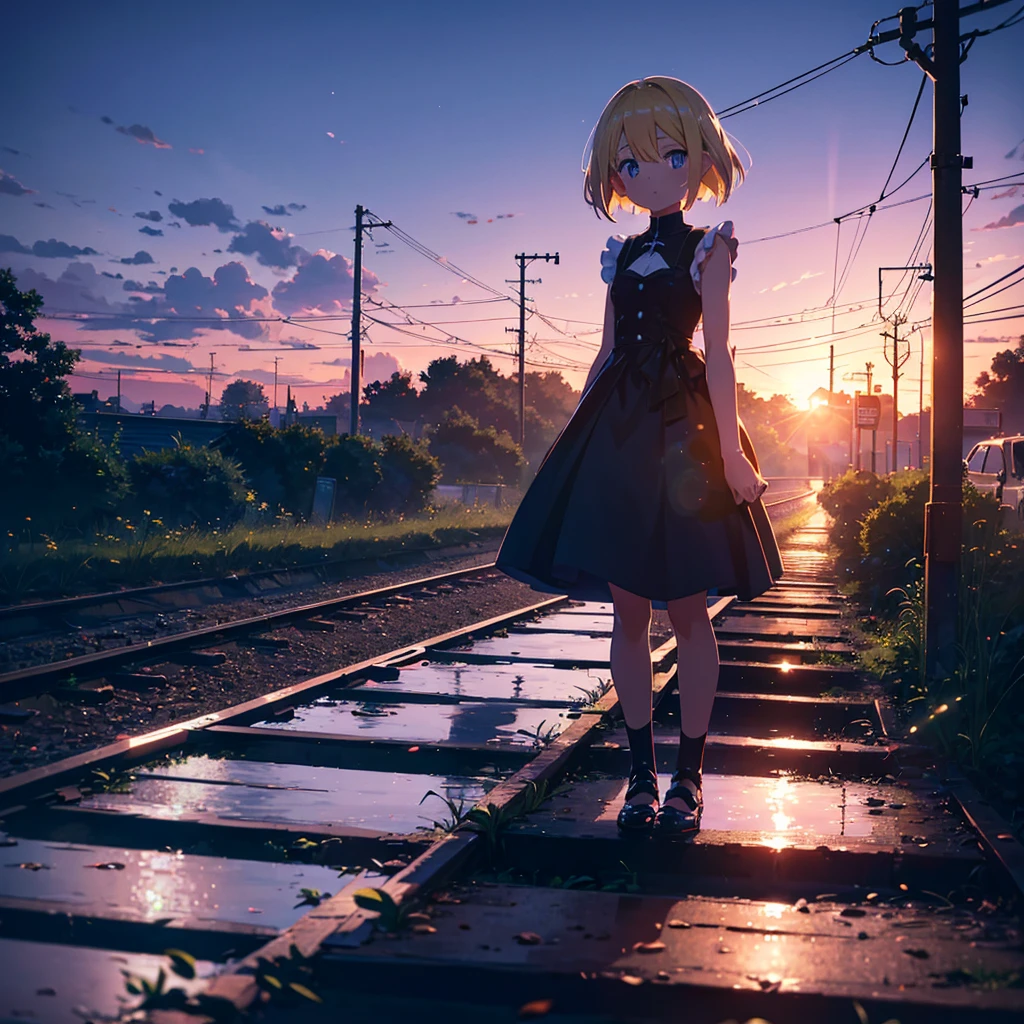 High-definition background, bright and beautiful atmosphere, 3 girls (2 , (1 short-tempered round face), (1 child)) ( surface effects), color effects), small breasts, blonde hair, abandoned railroad tracks Above, dusk, girl in a cute dress, stroking the railroad tracks with her hand, deltamon_sdXL:0.73) >Deltamon Negative Prompt