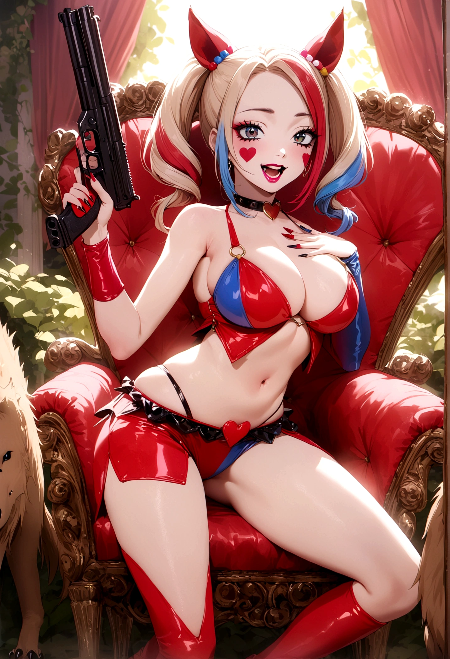 Harley Quinn (crazy make up, sexy small outfit, guns, pet hyenas), is posing crazy and sexy near her Joker themed throne in a 'Fun House of Death'