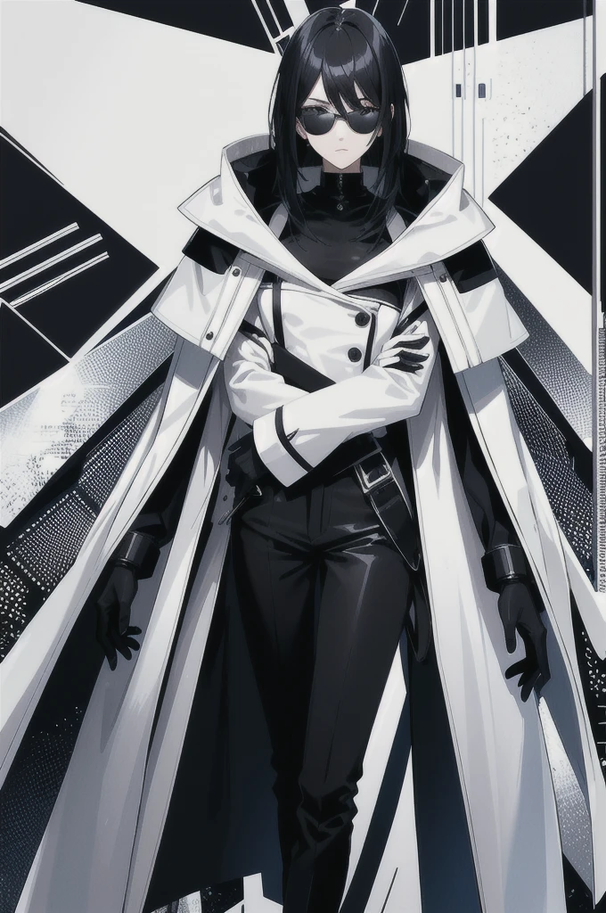 Physical description
This character is a slender man, displaying a futuristic and sophisticated look. He has black hair combed back, giving an elegant and determined look. He wears blue mirrored sunglasses, adding a touch of mystery and modernity to his appearance.

Her long, navy blue coat is adorned with geometric patterns and white details, reinforcing her avant-garde style. The white fur collar and silver shoulder pads add a touch of luxury and ruggedness to his outfit. Underneath his coat, he wears a black jumpsuit with metallic accents, giving him the look of a technological warrior. Its gloves and boots, also in black and white, are adorned with sophisticated and functional designs.