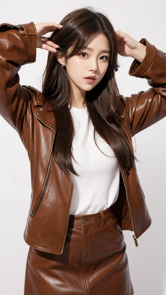 Kpop idol introduction picture. White background. Brown wavy hair, leather clothes