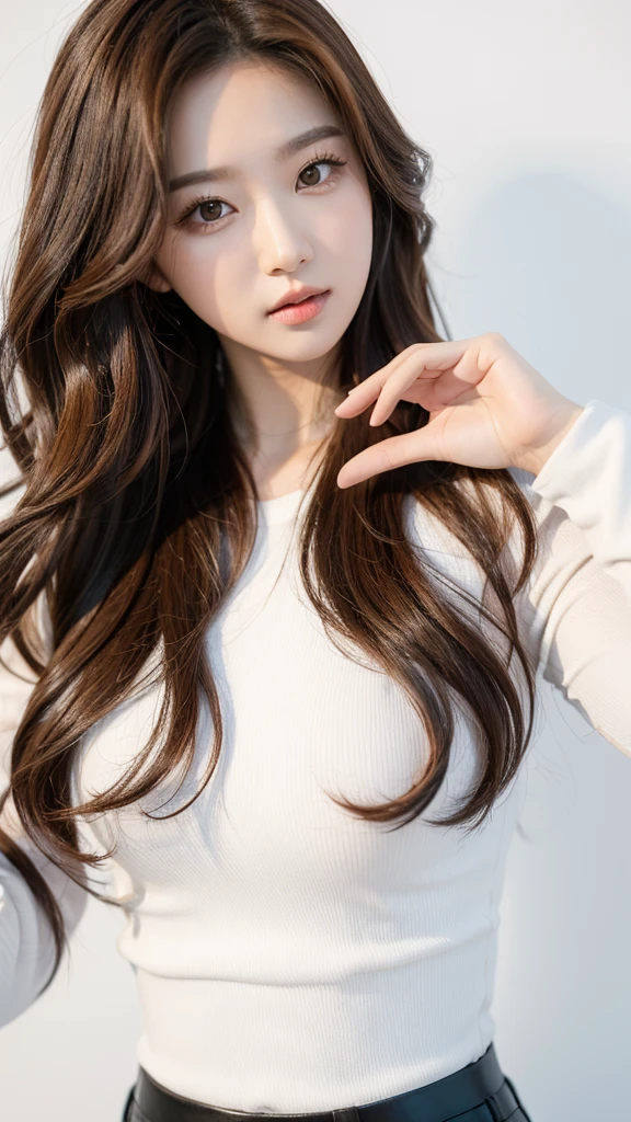 Kpop idol introduction picture. White background. Brown wavy hair, leather clothes