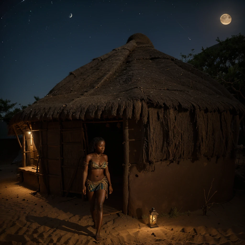 Amara sneaking out of a traditional African hut under the cover of night, with a determined look on her face, and the moonlight illuminating her path as she heads towards Kofi’s modest home, in 16:9 dimension