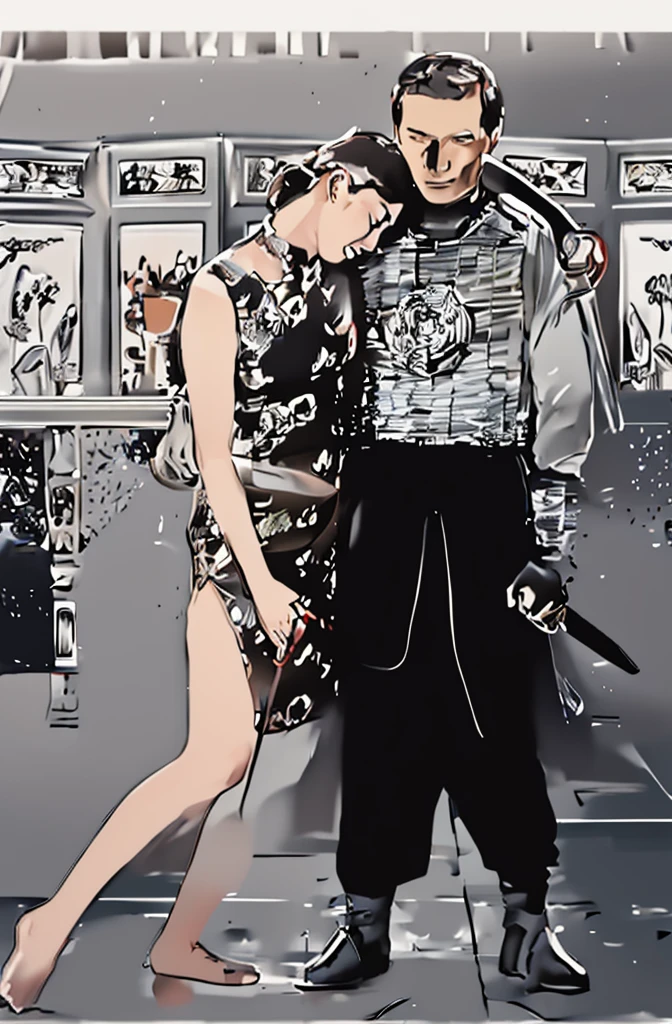 A male soldier hugs an unconscious woman,They both hold knives.