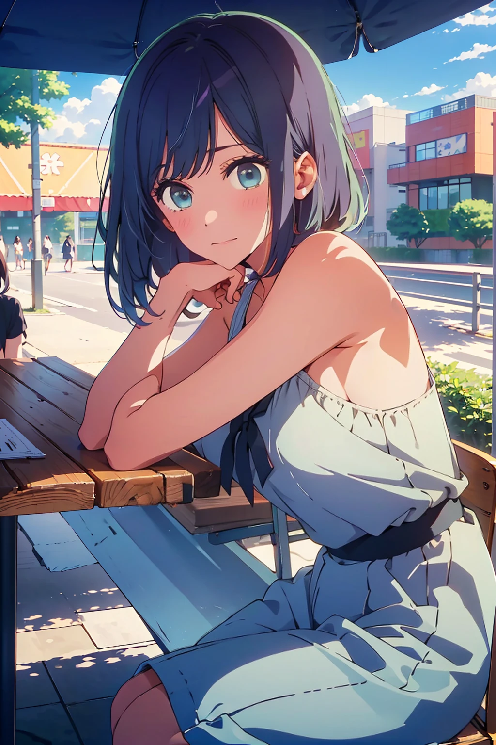 (Highest quality:1.4、masterpiece:1.4、超detailed:1.4、Ultra-high resolution:1.4、Absurd:1.4、Absolute Resolution:1.4、8K:1.4、detailed:1.4)、Slim body、Very white beautiful skin、((((1 person、Surprised expression、sit、Chair、In the background are the urban buildings of Tokyo、looking at the camera、Outdoor café terrace、Navy hair color、juice、table、Get up close and take a photo、Shooting from an angle、Very cute face))))、((((nude、very beautiful areola))))、(Pose with hands tucked behind ears:1.4、Cheek resting on hand:1.4)、Black off-the-shoulder blouson with zipper、Very blue sky、A completely cloudless sky、Nipples