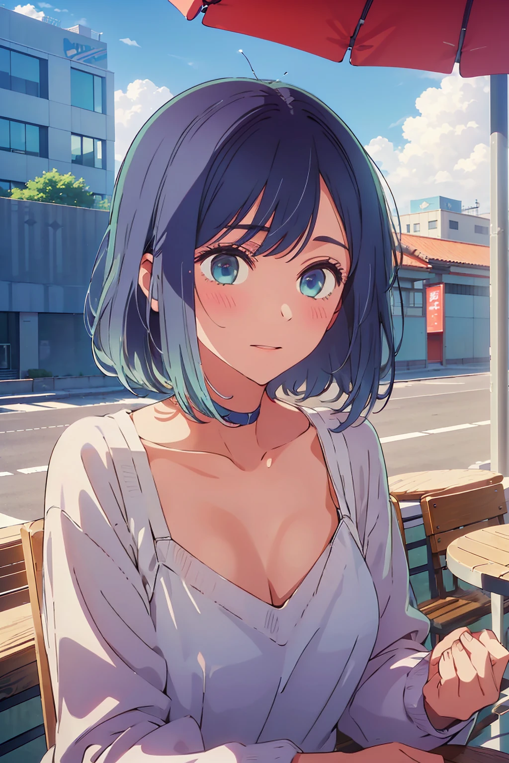 (Highest quality:1.4、masterpiece:1.4、超detailed:1.4、Ultra-high resolution:1.4、Absurd:1.4、Absolute Resolution:1.4、8K:1.4、detailed:1.4)、Slim body、Very white beautiful skin、((((1 person、Surprised expression、sit、Chair、In the background are the urban buildings of Tokyo、looking at the camera、Outdoor café terrace、Navy hair color、juice、table、Get up close and take a photo、Shooting from an angle、Very cute face))))、((((nude、very beautiful areola))))、(Pose with hands tucked behind ears:1.4、Cheek resting on hand:1.4)、Black off-the-shoulder blouson with zipper、Very blue sky、A completely cloudless sky、Nipples