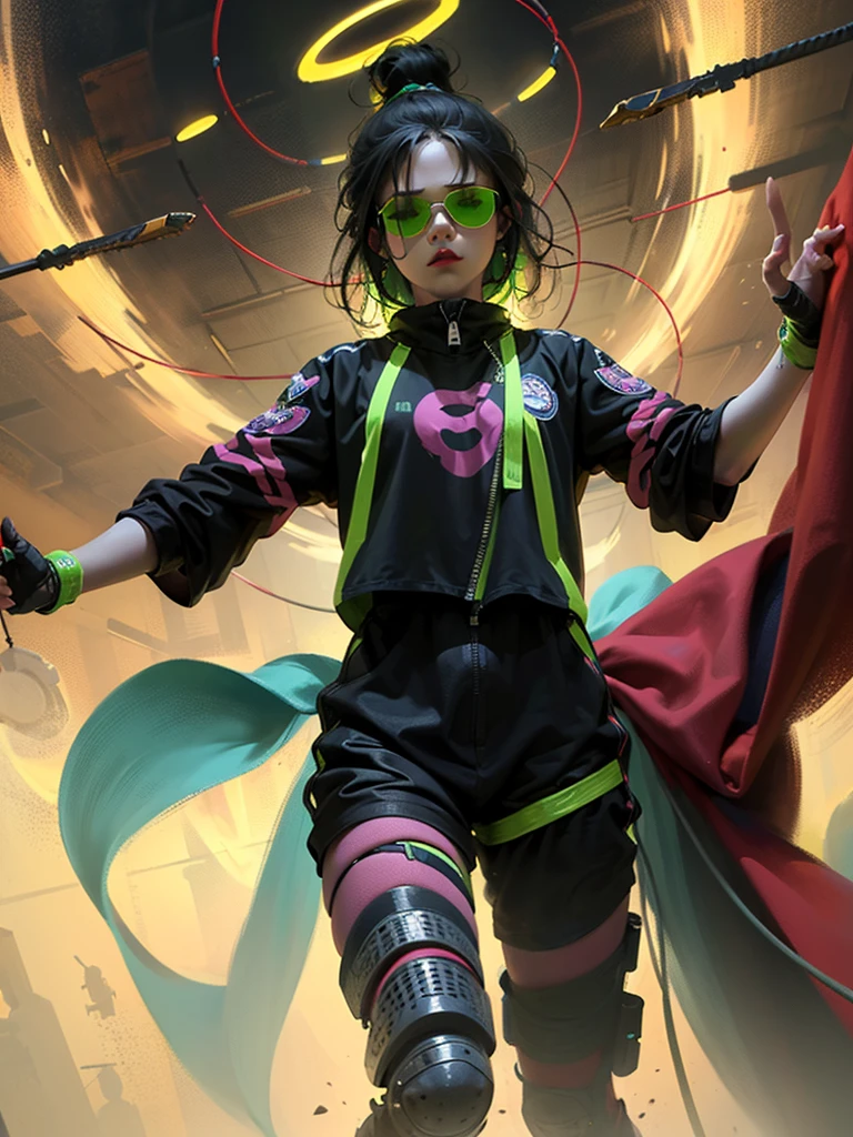 a woman wearing a black jumpsuit with glowing yellow-green lines, cyberpunk, heavy metal, mosh pit, (best quality, 4k, 8k, highres, masterpiece:1.2), live stage, glowing yellow-green lines on the outfit, large sunglasses, punky hairstyle, drummer