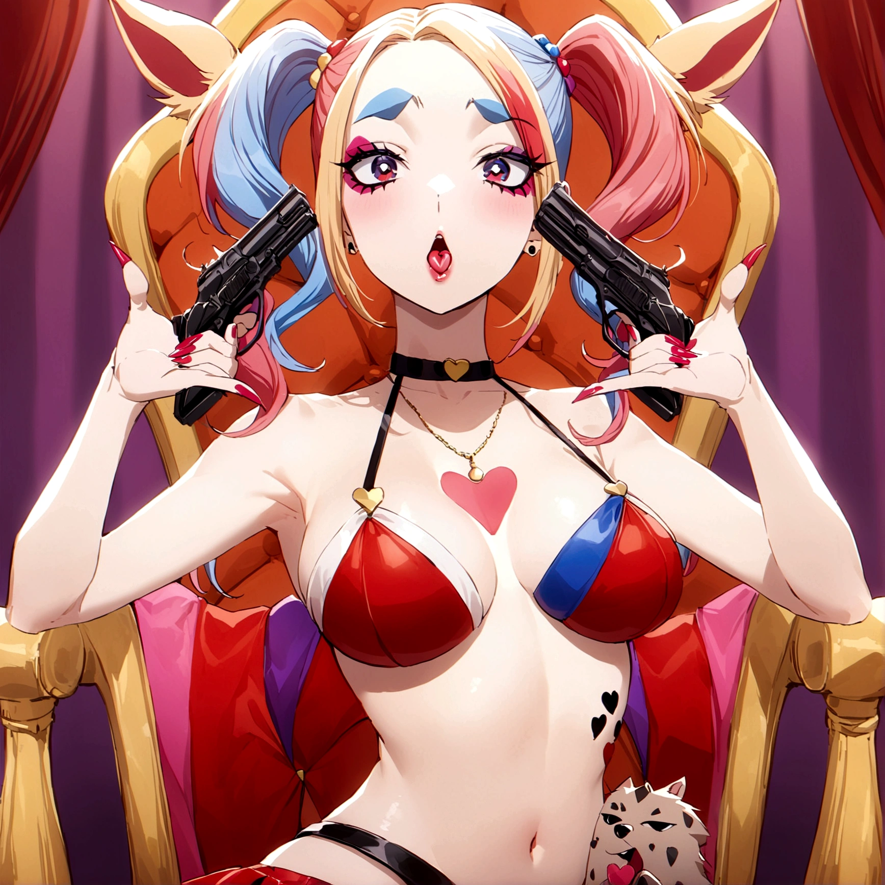 Harley Quinn (crazy make up, sexy small outfit, guns, pet hyenas), is posing crazy and sexy (blowing kisses) near her Joker themed throne in a 'Fun House of Death'