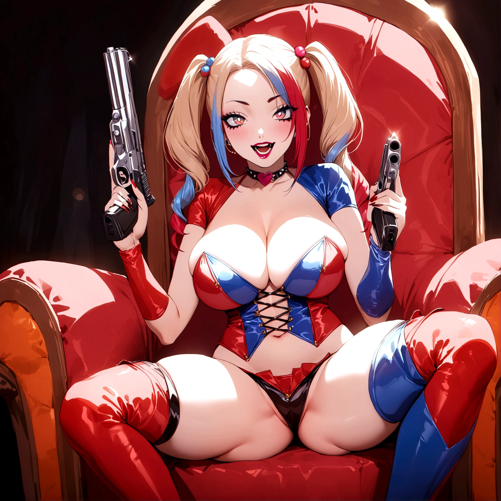 Harley Quinn (crazy make up, sexy small outfit, guns, pet hyenas), is posing crazy and sexy near her Joker themed throne in a 'Fun House of Death'