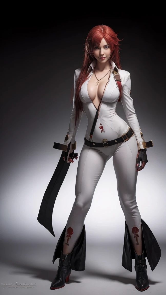 (masterpiece), best quality, 4K, realistic, HD, NIPPLES, expressive eyes, perfect face, solo, breasts, cleavage, full body, red hair, aqua eyes, no bra, collarbone, midriff, navel, slim body, necklace, ankh, belt, black gloves, milf, ankh, white strait bodysuit, compass rose ass visible through thighs, red gloves, standing, strivejacko, Jack-O'Valentine, white bodysuit, visible smiles, long hair streak, irish woman, tight, sweating, lipstick, FIGHTEr, guilty gear, boot shoe, skimpy, interrogation, merore, happiness,