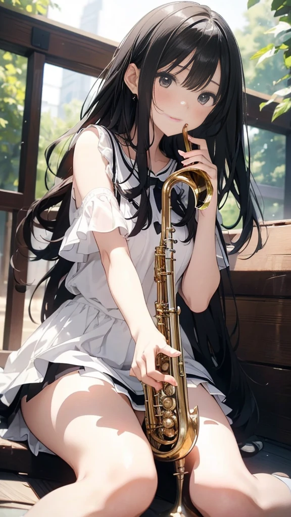 high resolution。High resolution、Low - Angle、masterpiece、Beautiful black-haired girl、、Round eyes、Playing the Trumpet、White sleevelesiniskirt and knee socks。sweating、high resolution8K