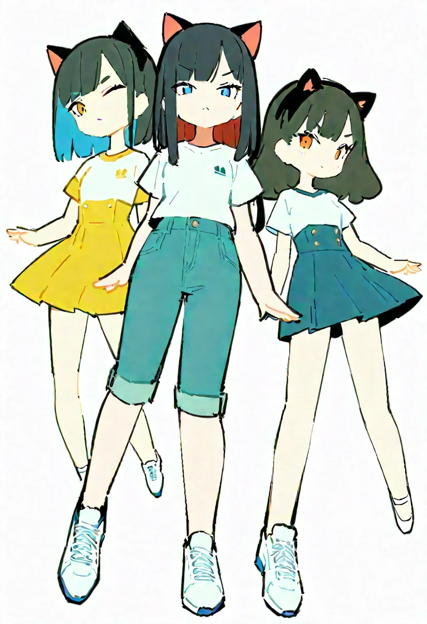 ((One eye closed expression)) ,(Thick painting style),Bold line, ((masterpiece,)),(((Highest quality))),(sketch),((Girls in their 20s)),Short black hair,Black cat ears,T-Shirts,jeans,White shoes
