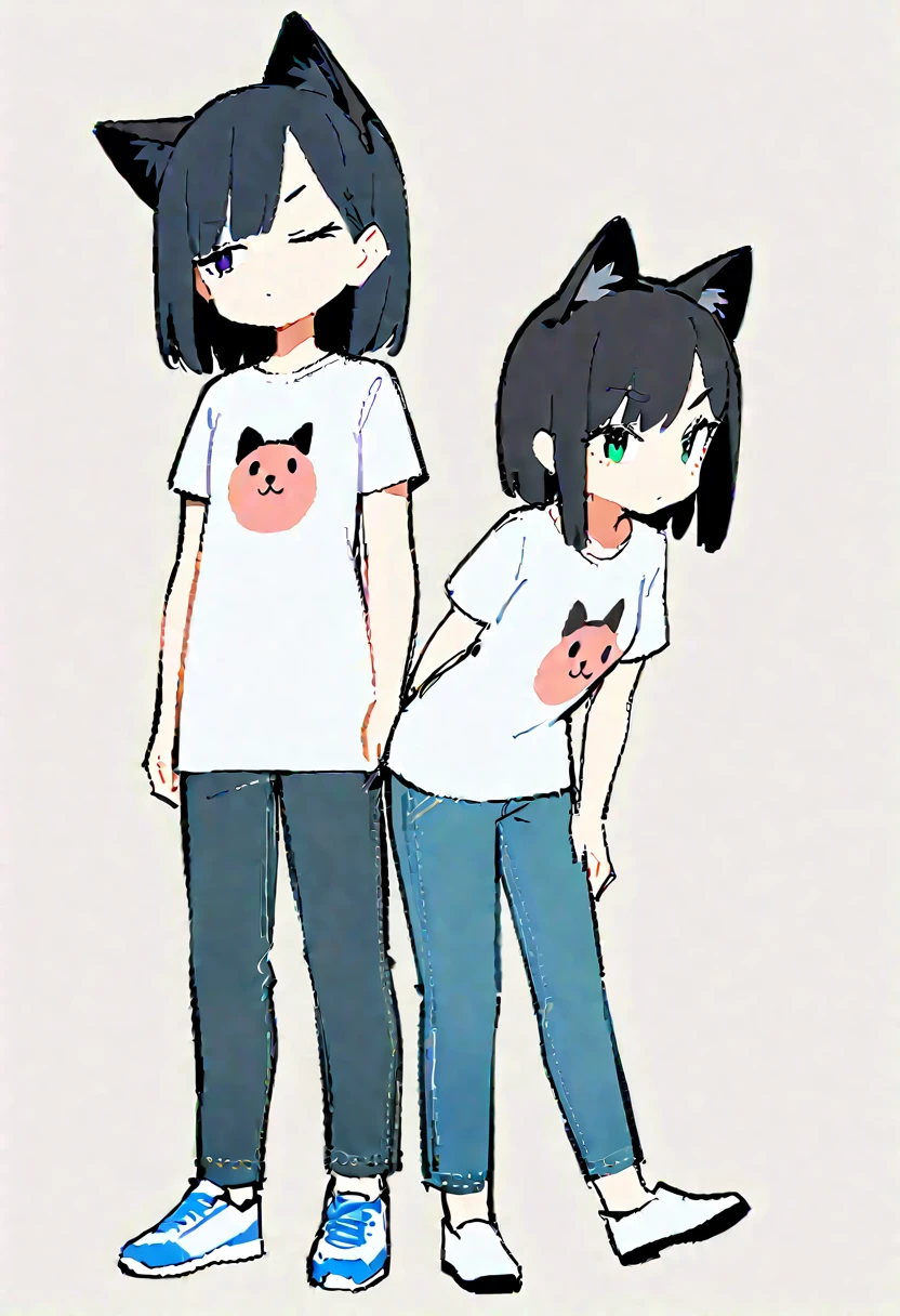 superflat, flat shading, flat colors, white background, 2girls, little, lolis, slim, 10yo, standing, bottomless, (black fox tail), black fox ears, long black hair, orange t-shirt, hugging, sneakers, shy, blush, sketchy, lwsh, watercolor