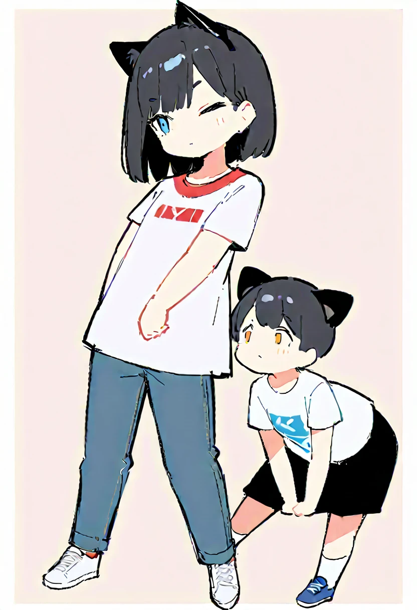 ((One eye closed expression)) ,(Thick painting style),Bold line, ((masterpiece,)),(((Highest quality))),(sketch),((Girls in their 20s)),Short black hair,Black cat ears,T-Shirts,jeans,White shoes