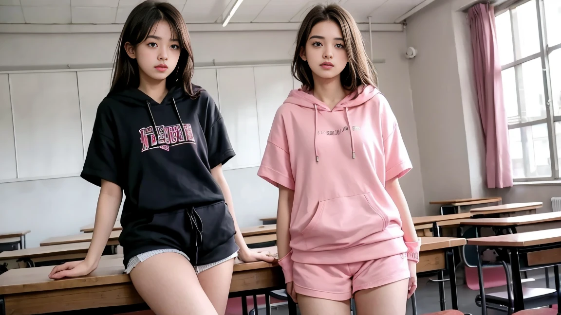 deux femmes ensemble de 18 ans sexy et mince , pink short sleeve hoodie , salle de classe, se touche,position sey,sensuel