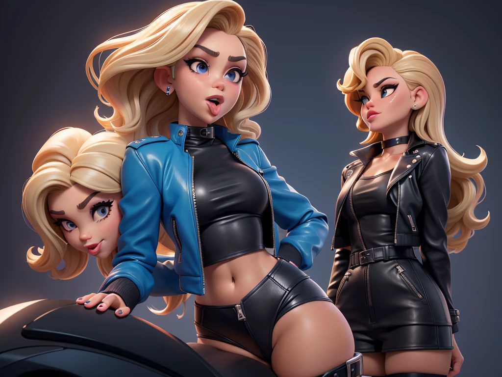 obra prima, melhor qualidade, ((miley cyrus, tan skin, wavy bob hair, open mouth, sticking tongue out side of mouth,)) head back, (sassy wicked sultry sneer, big teeth smile,) open mouth, pucker mouth, shiny periwinkle lipstick, sunglasses, ((thick smoky black eye shadow, long fake eyelashes, sticking tongue out,)) (cerulean blue leather jacket with puff shoulder,) biker jacket has stiff collar, leather blouse, ((leather sweater dress, leather blazer, leather culottes)) ((magenta pvc shorts, pockets, unzipped front,)) studs zippers snaps, shiny leather gloves, nip slip, body is skinny, laying down hugging each other on sofa, shiny tight buttocks, arched back, mashing breasts, ((passionate kissing, pelvis grinding,)) camera view of whole body, looking up at me, shallow depth of field, highres, HD, 8k, anatomically correct