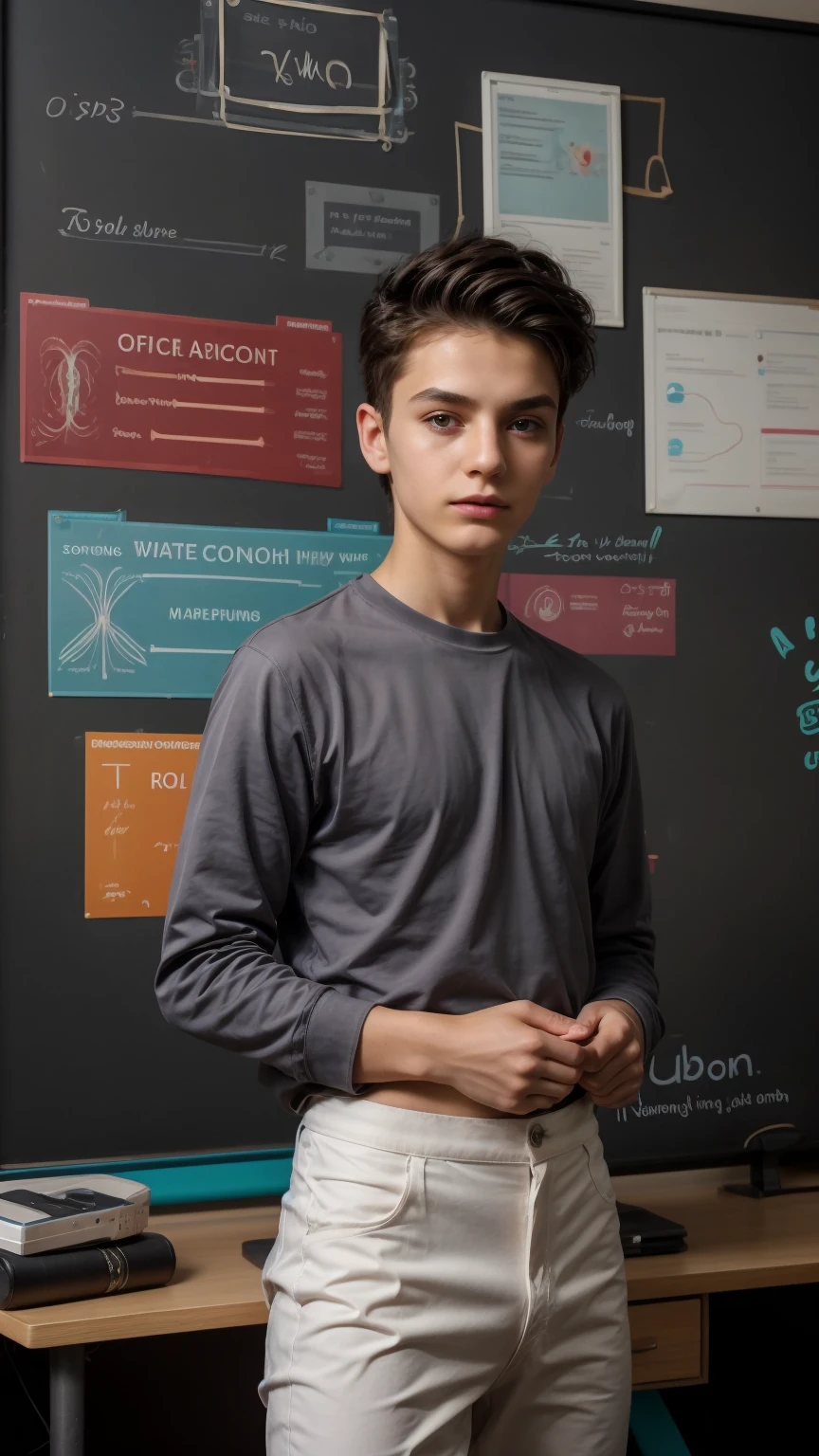 A beautiful young man, a cute male twink, with black hair, a face with reddish make-up, wearing a bright white long-sleeved shirt and aqua blue pants. He is in his office, and behind him is a blackboard on which is written the shape of the brain and its anatomy, and nuclear energy comes out of it.