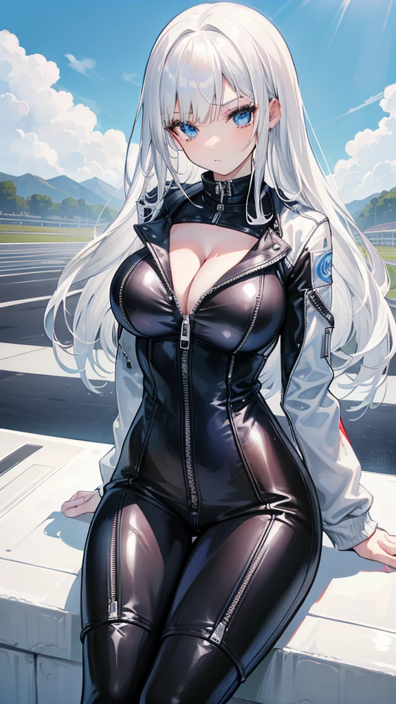beautiful girl,(Racing girl),Leather jumpsuit,(黑色Leather jumpsuit),Leather Clothes,White long hair,(White hair),(Bangs),Zipper open,(Leather jacket zipped up),((Cleavage)),Open your heart,(Shy expression),Sit on a race car,Blue sky and white clouds,(Big Breasts),((super))