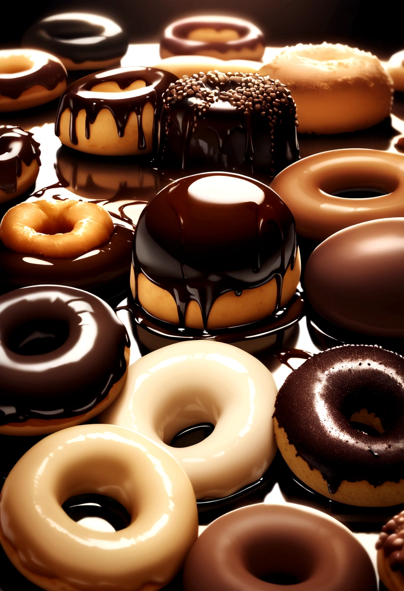 Beautiful composition of donuts dipped in melted chocolate, The chocolate coating is smooth and evenly coated around the donut., Creates a visually decadent and luxurious image.