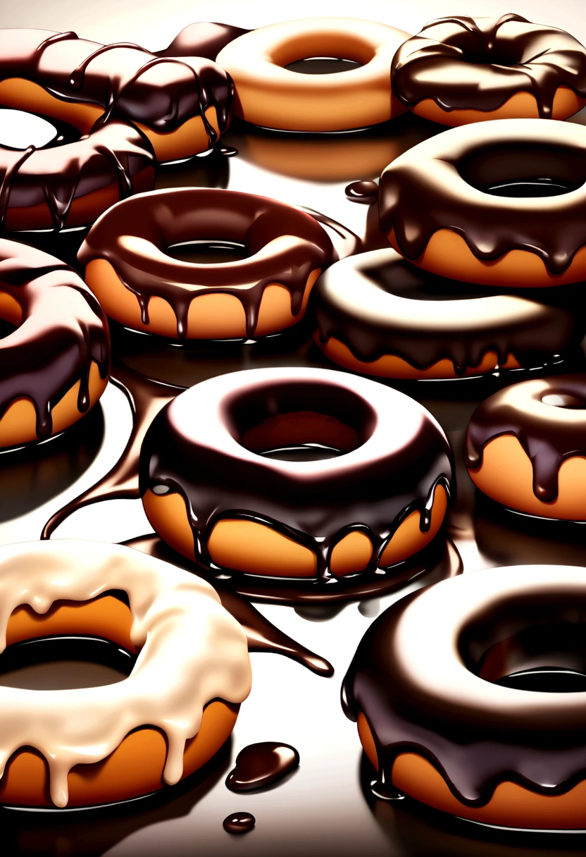 Beautiful composition of donuts dipped in melted chocolate, The chocolate coating is smooth and evenly coated around the donut., Creates a visually decadent and luxurious image.