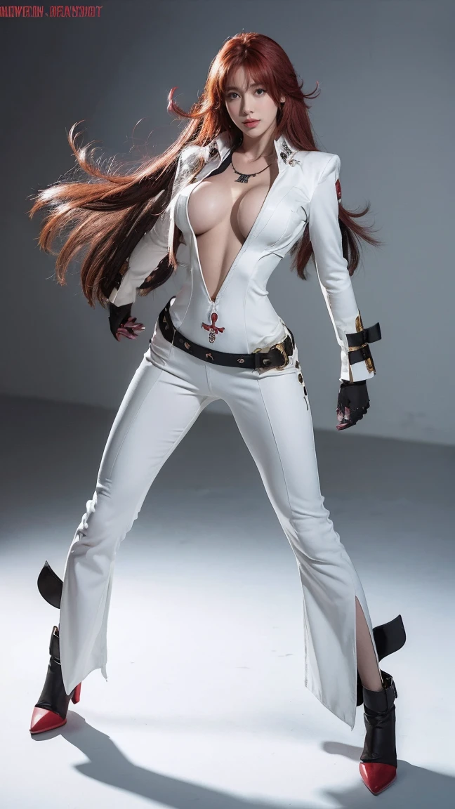 (masterpiece), best quality, HD, NIPPLES, expressive eyes, perfect face, solo, breasts, cleavage, full body, red hair, aqua eyes, no bra, collarbone, midriff, navel, slim body, necklace, ankh, belt, black gloves, milf, ankh, white strait bodysuit, compass rose ass visible through thighs, red gloves, standing, strivejacko, Jack-O'Valentine, white bodysuit, visible smiles, long hair streak, irish woman, tight, sweating, lipstick, FIGHTEr, guilty gear, boot shoe, skimpy, interrogation, merore, happiness, ass, bell bottoms
