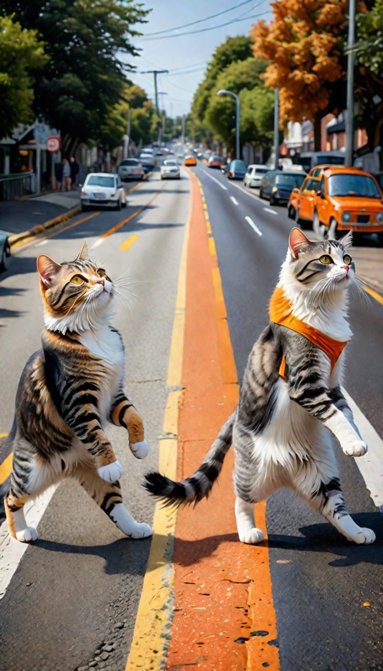 Four types of cats walking in a line on two legs across the road, Orange cat, grey tabby cat, black cat and white cat, A parody of the Beatles' Abbey Road poster, Digital anime painting style