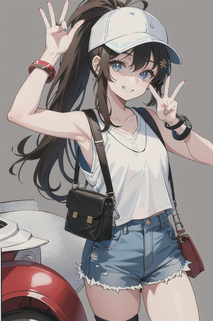 This character is a young girl with long brown hair tied in a high ponytail. She wears a white cap with a red symbol, a white tank top, a black sleeveless jacket, ripped denim shorts and black bracelets. She also has a gray shoulder bag. Her eyes are big and blue, and she makes a peace sign with her left hand, while smiling.