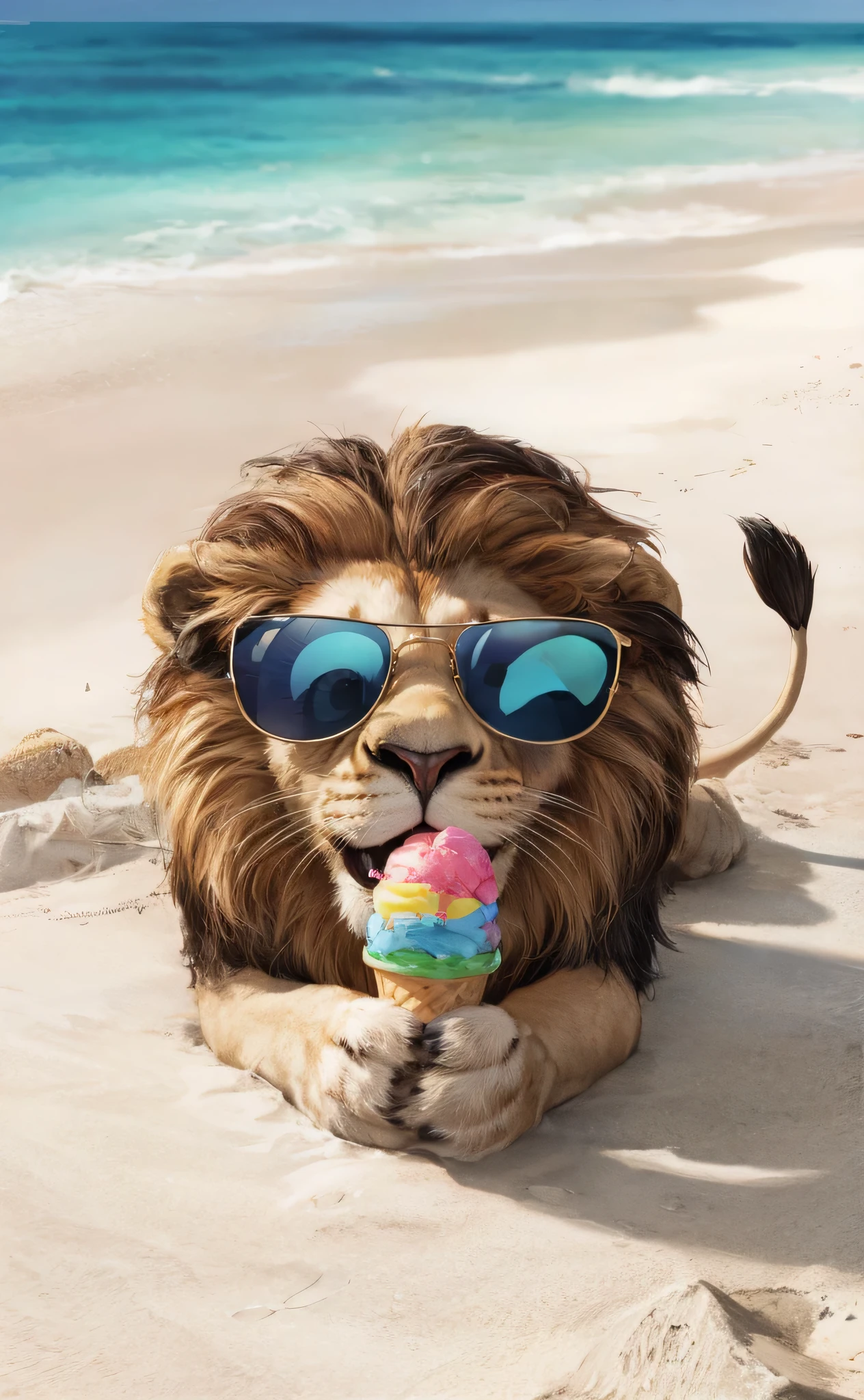 A whimsical and playful illustration of a lion wearing sunglasses, laying down on a pristine sandy beach and enjoying a colorful ice cream cone. The lion's sunglasses have a playful, animated expression, giving it a fun and lighthearted vibe. The beach and ocean in the background are serene, with a gentle breeze stirring the waves. The overall atmosphere of the image is joyful and carefree, inviting the viewer to relax and enjoy the moment.