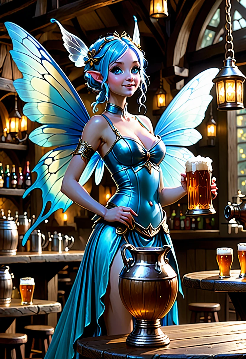 In a dimly lit fantasy tavern, a tiny blue fairy stands on a table. Her shimmering wings are folded behind her as she holds a giant flagon of ale above her head. Her neck is craned back as she catches a gigantic drop of foamy ale in her mouth
