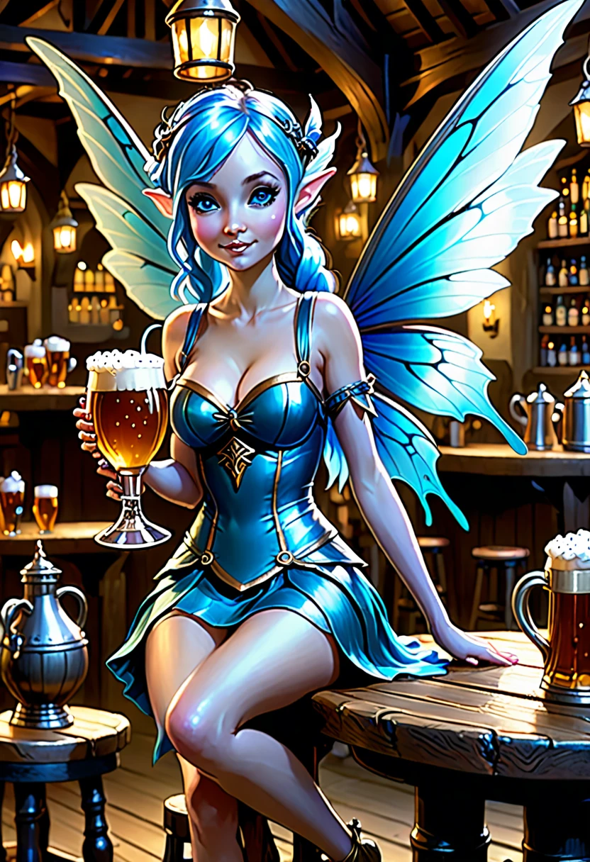 In a dimly lit fantasy tavern, a tiny tiny tiny blue skinned fairy stands on a table. Her shimmering wings are folded behind her as she holds a giant flagon of ale above her head. Her neck is craned back as she catches a gigantic drop of foamy ale in her mouth