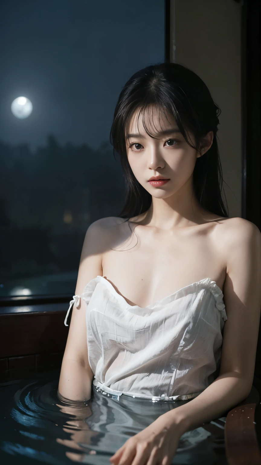 ((gufeng, Bare shoulders)),(masterpiece, best quality:1.2), 1 Girl, Solitary, Deep in Wonderland，Moonlight falls like water，Foggy Room，The heroine&#39;s figure is vaguely visible，Like a fairy in a painting，Slender sexy legs，Very beautiful legs，Leaking sexy legs，Large Breasts，美丽而又带着一丝mystery的色彩。Her face is beautiful and delicate，Like a finely carved jade，Showing extraordinary beauty。The eyebrows are so pretty，The waves in my eyes are like twinkling stars，Show the light of perseverance and wisdom。The bridge of the nose is straight，Cherry lip color，The slightly upturned corners of the mouth reveal confidence and calmness。Her face is chiseled，Skin like jade，Reveal healthy glow，Just like fairies, She never eats worldly fireworks。Her makeup is light and delicate，No excessive embellishment，But it is enough to show her temperament and charm。Light foundation highlights the translucence of the skin，A light eyebrow pencil outlines her perfect eyebrow shape，Eye makeup is eye shadow and eyeliner，Make her eyes brighter、Energetic。嘴唇涂上grace的口红，Add a touch of charm and sophistication。她的衣服grace别致，Clothes fluttering，As if the wind will blow it up at any time，Drifting away。既不失grace，She also showed her extraordinary ball skills。Swaying with her movements。Her hair was tied back casually.，Secure with a jade hairpin，A few strands of hair fluttering gently in the wind，Add a touch of softness。Her figure looms in the fairyland，宛如一道Large Breasts美丽的风景线，Attracted everyone&#39;s concern。She seems like a fairy in wonderland，Large Breasts美丽、grace、mystery、Full of power。